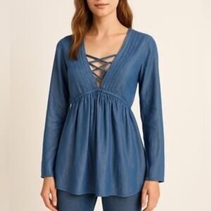 Altar'd‎ State Chambray Peplum Top Lace Up Long Sleeve Blouse Size L